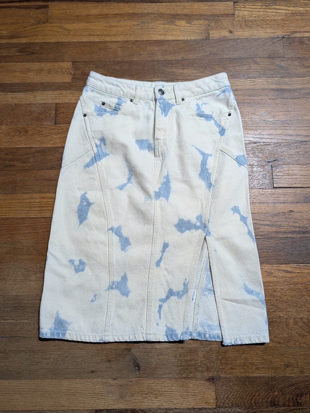 Future Collective Tie Dye Denim Midi Skirt Front Slit White Blue Sz 0 Abstract